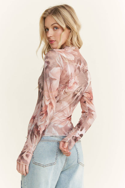 Flower Print Lace Mesh Long Sleeve Layering top HT6578