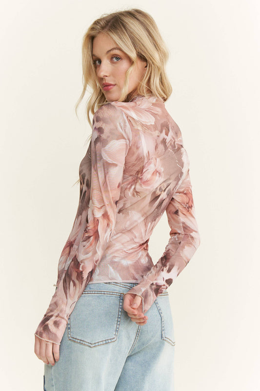 Flower Print Lace Mesh Long Sleeve Layering top HT6578