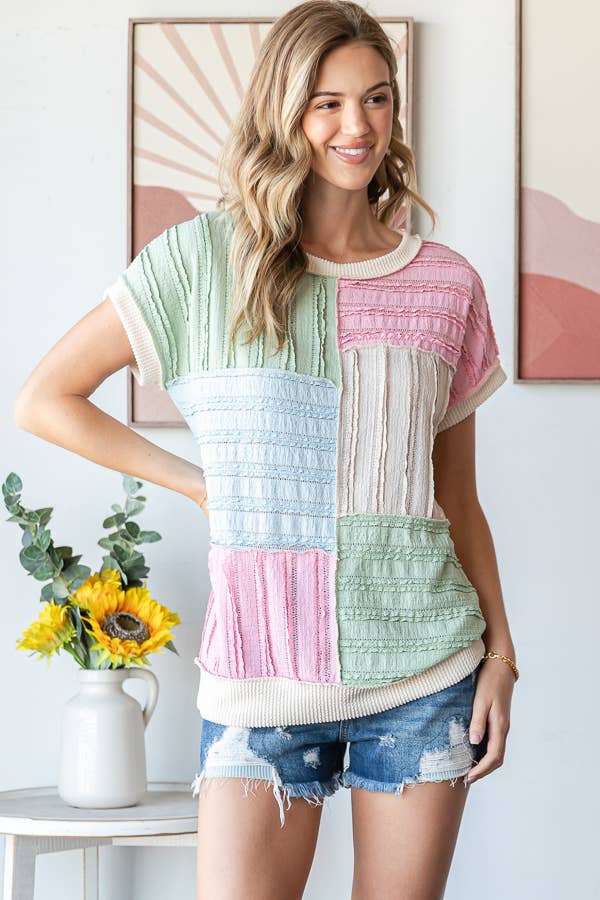 Color Block Textured Patchwork Short Sleeve Top T5944