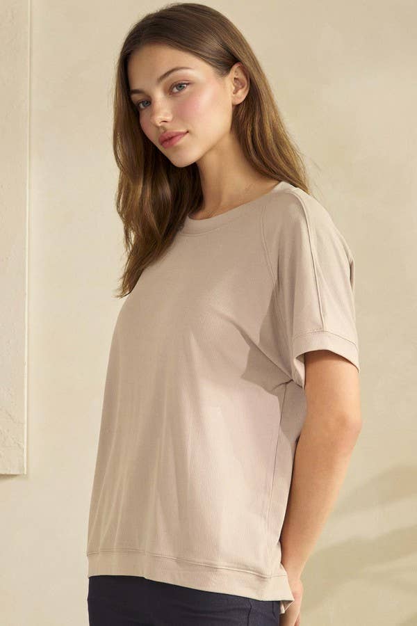 Yelete Ribbed Relaxed Fit Crew Neck Top Shirt