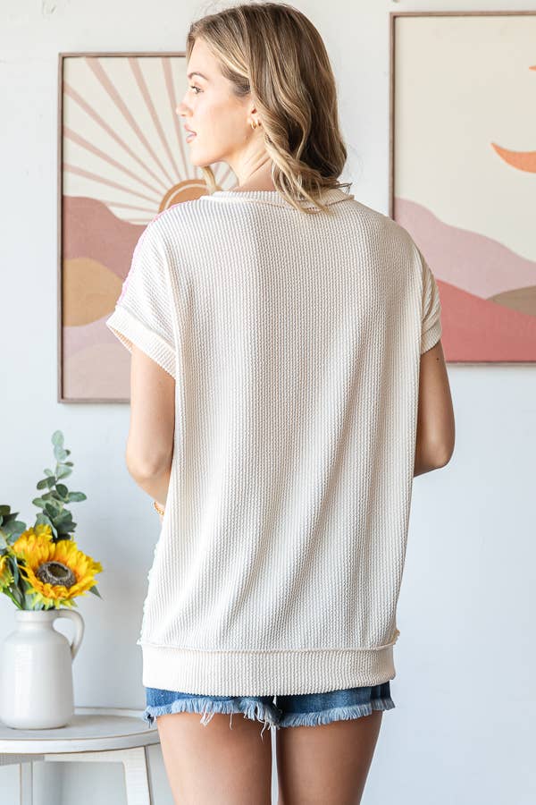Color Block Textured Patchwork Short Sleeve Top T5944