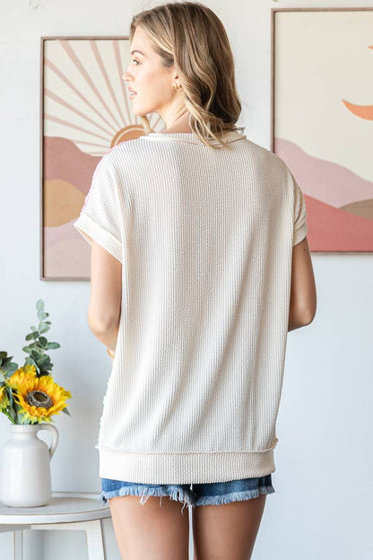 Color Block Textured Patchwork Short Sleeve Top T5944