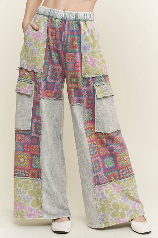 Mineral Wash Boho Crochet Floral Printed Pants HP5758