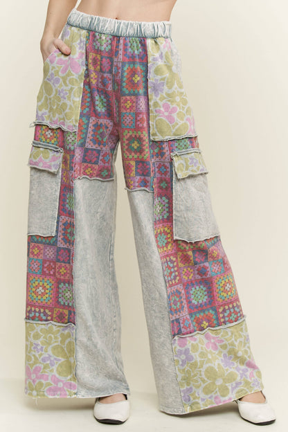 Mineral Wash Crochet Floral Printed Pants HP5758