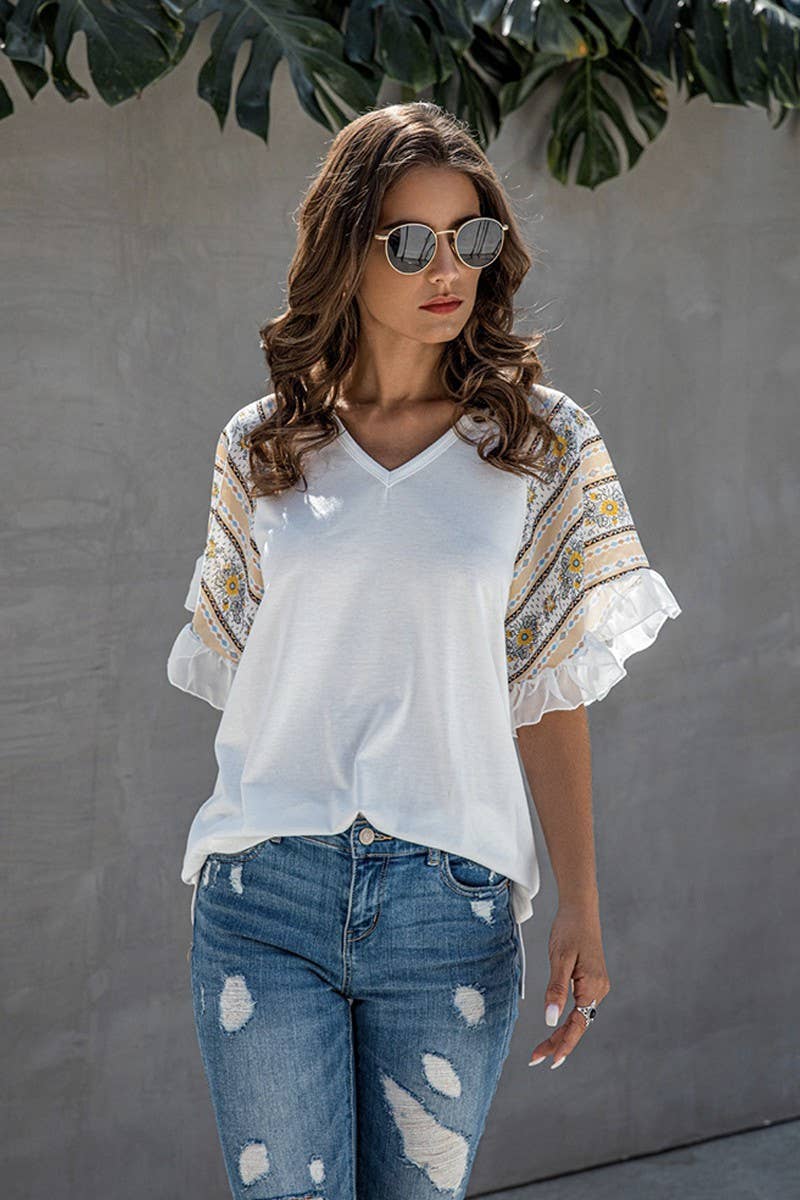 Large Printed Ruffle Sleeve Top: White