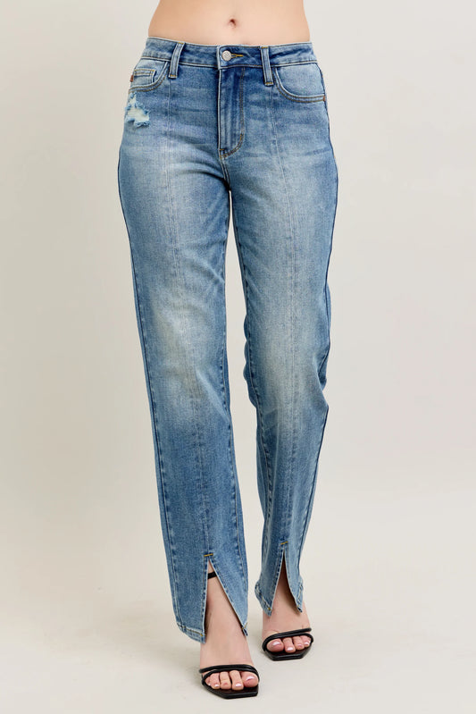 88533 HW Vintage Wash Front Seam & Slit Straight Jeans