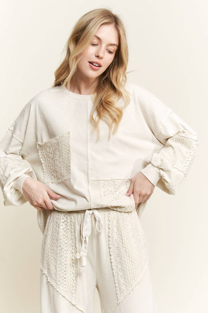 Mineral Wash Lace detailed Long Sleeve sweatshirt HT6027