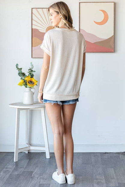 Color Block Textured Patchwork Short Sleeve Top T5944