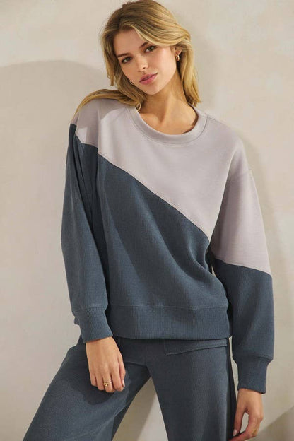 Womens Asymmetrical Two Tone Top Corduroy Sweatshirt