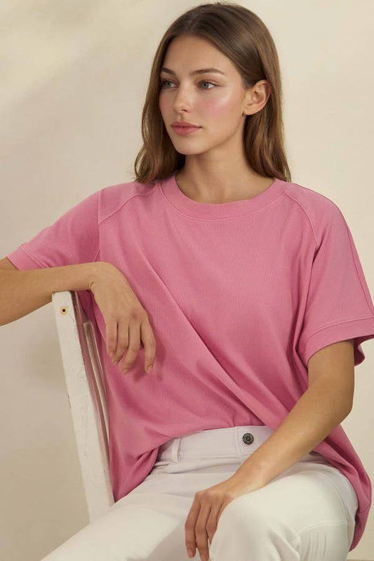Yelete Ribbed Relaxed Fit Crew Neck Top Shirt