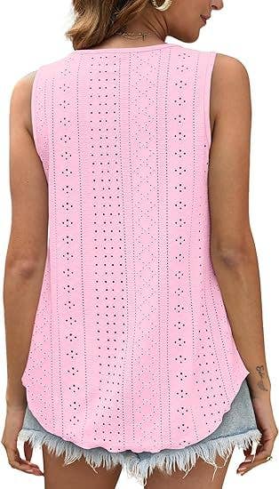 White / L Eyelet basic loose overfit cozy summer tank top: