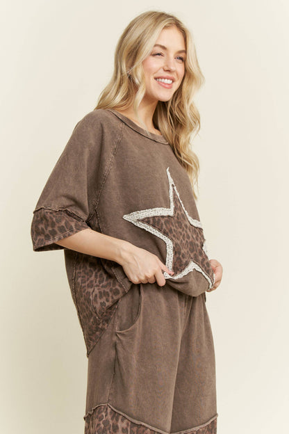 Mineral Washed Leopard Star Half sleeve top HT6628