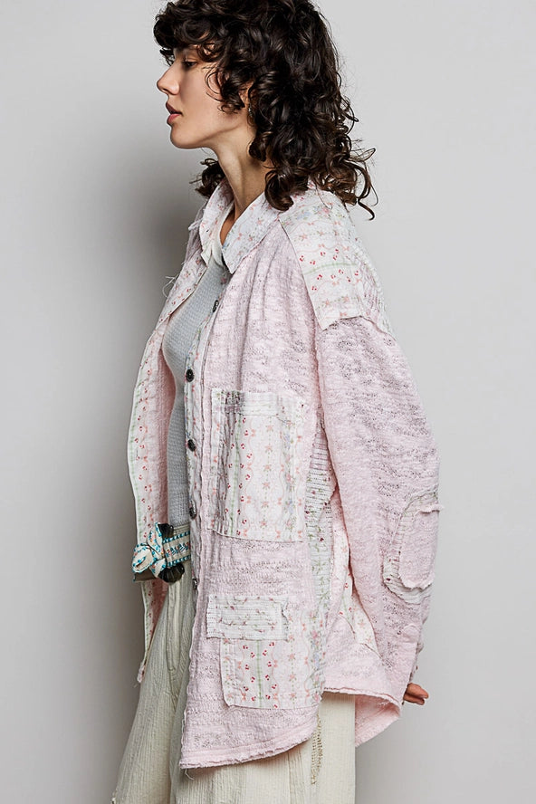 POL Clothing GKT615 Lace Denim Relaxed-Fit Button Down Shirt