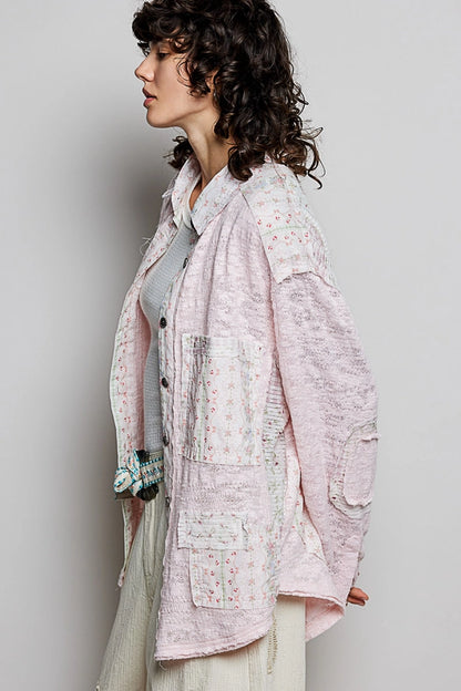 POL Clothing GKT615 Lace Denim Relaxed-Fit Button Down Shirt