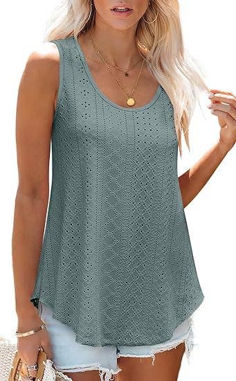 White / L Eyelet basic loose overfit cozy summer tank top: