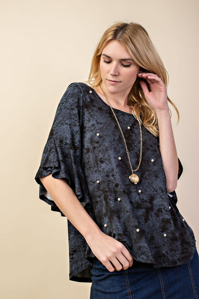 Vocal Black Flutter Sleeve Top With Pearls Shirt