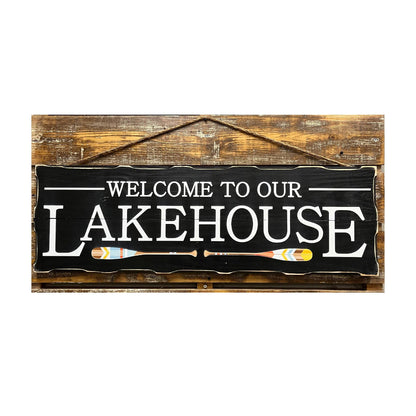 Welcome To Our Lake House: Navy Wood Sign