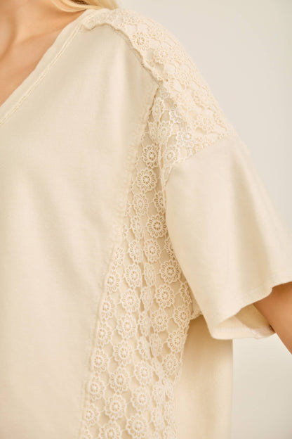 Mineral Washed Flower Daisy V-neck Shirt top HT6747
