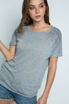 Vocal Heather Grey Short Sleeve Top Shirt with stones on sleeves
