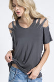 Vocal Short Sleeve Laser Cut Top with Stones on Shoulders Shirt