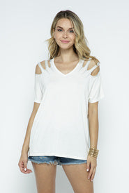 Off White Vocal Short Sleeve Laser Cut Top with Stones on Shoulders Shirt