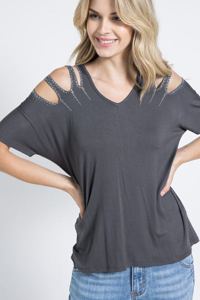Vocal Short Sleeve Laser Cut Top with Stones on Shoulders Shirt