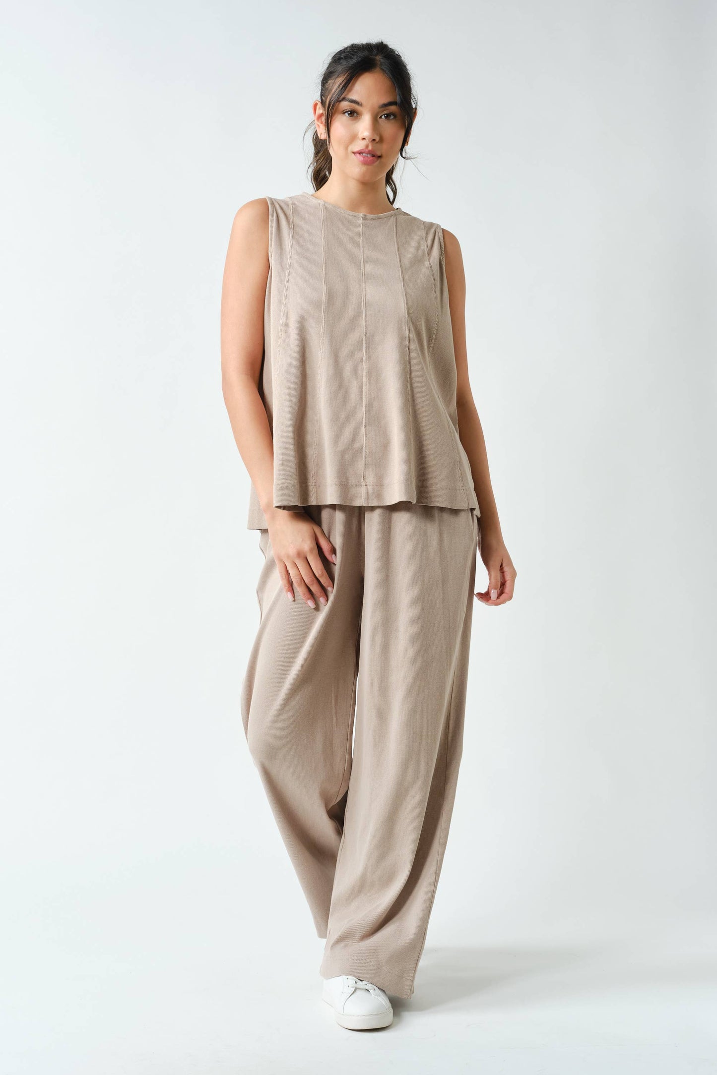 Mono B Ribbed Tank & Wide Leg Pant Set (KSET5811)