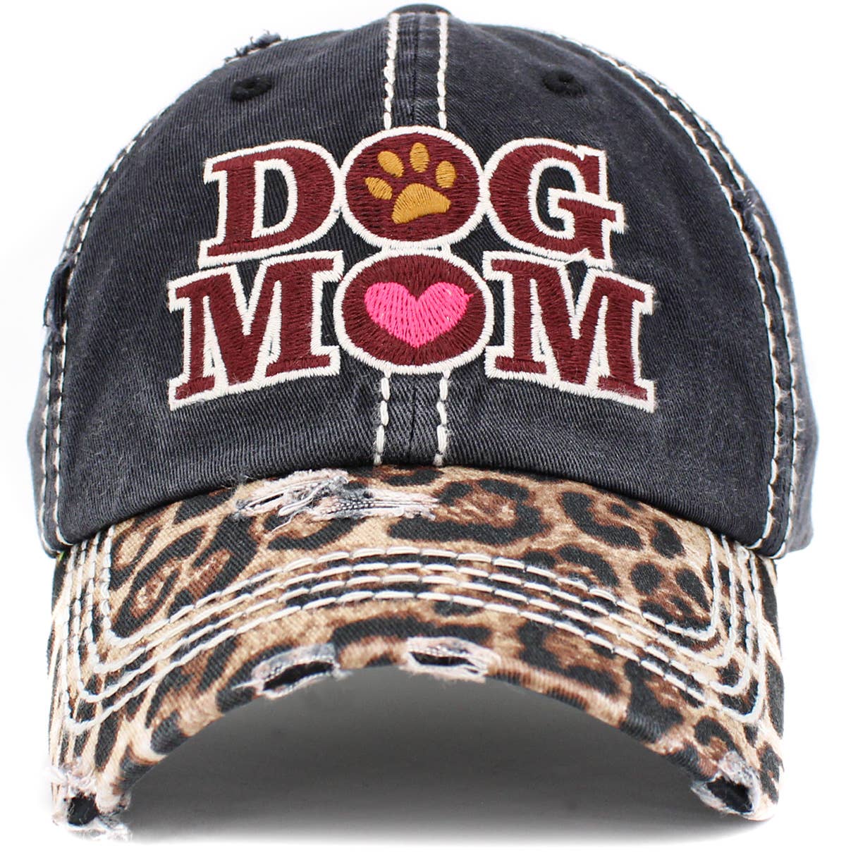 Dog Mom Leopard Washed Vintage Ballcap: BLK