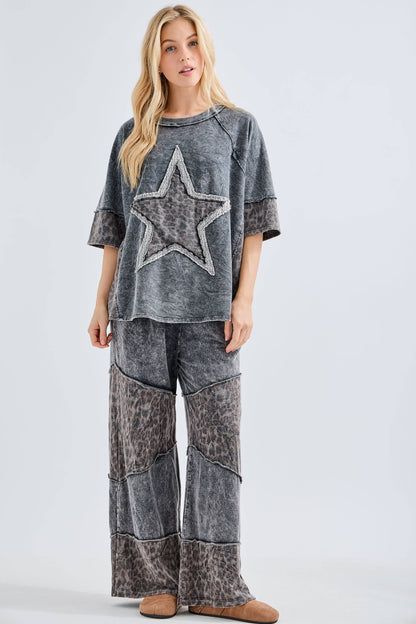 Mineral Washed Leopard Star Half sleeve top HT6628