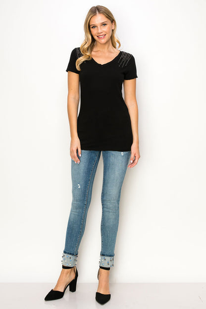 Vocal Black embellished V Neck Short Sleeve Top Shirt