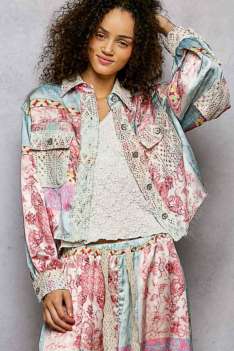 Crochet lace patch floral jacket top