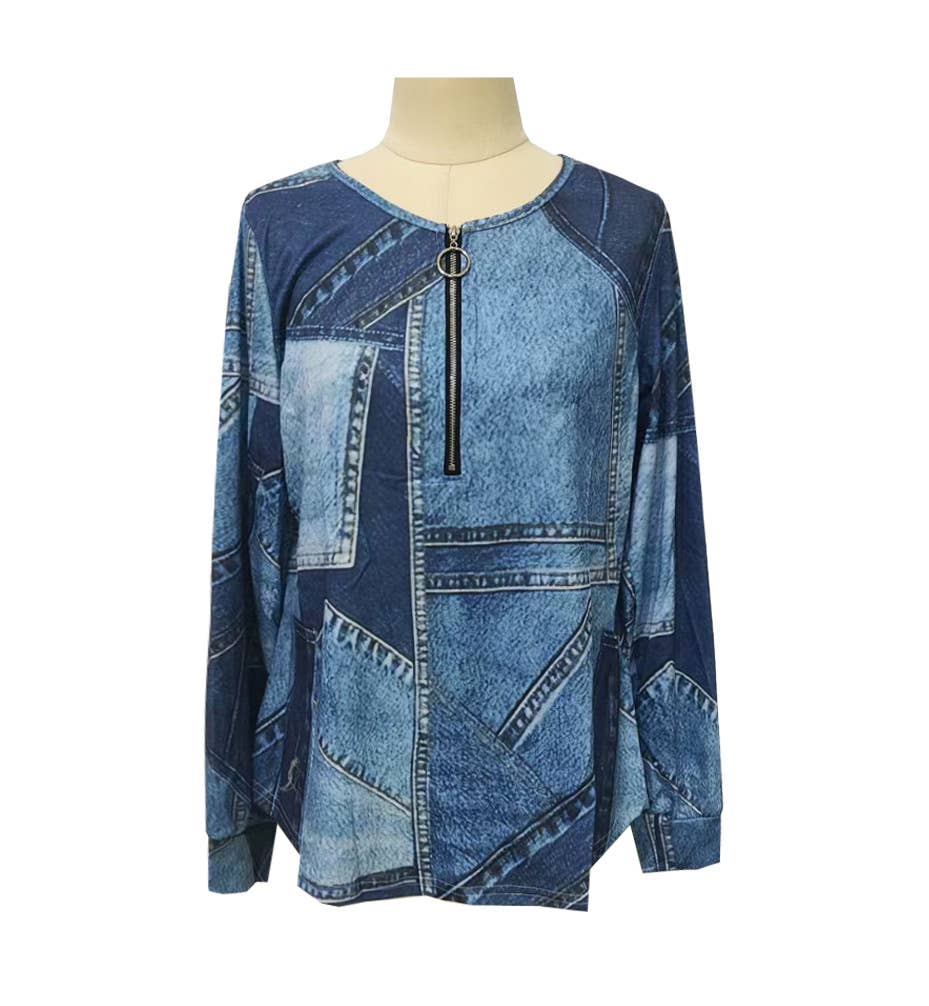 Knitted Printed Zipper Casual Retro Long-Sleeved Top