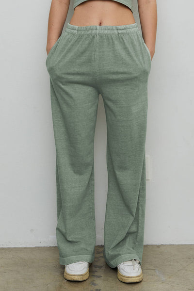 AAB126: L / SAGE GREEN Wide Leg Lightweight Elastic waistband Sweat Pants Sweatpants
