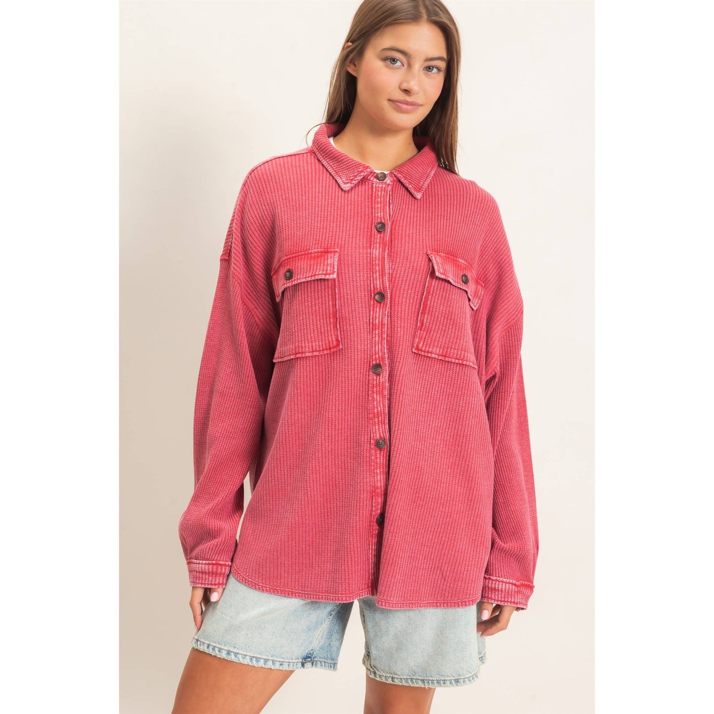 HYFVE Mineral Washed Waffle Knit Shacket DZ26E249