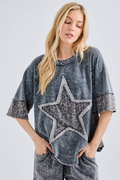 Mineral Washed Leopard Star Half sleeve top HT6628
