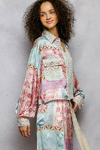 Crochet lace patch floral jacket top