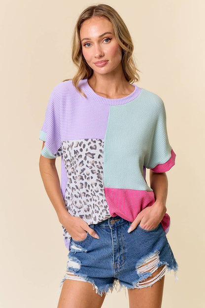 Large Retro Cheetah Top: LAVENDER COMBO