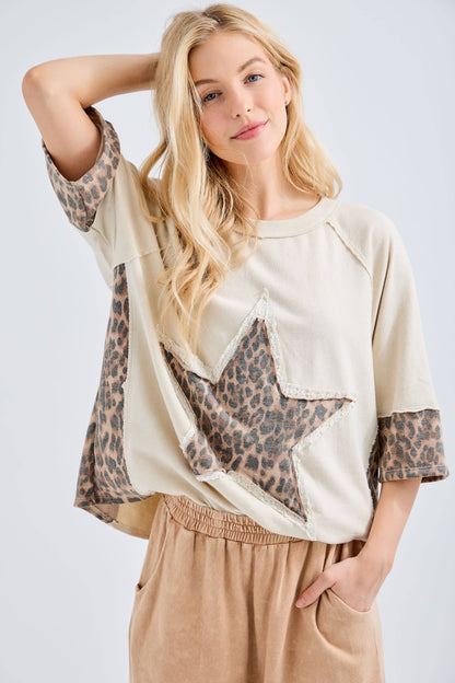 Mineral Washed Leopard Star Halfsleeve top HT6628