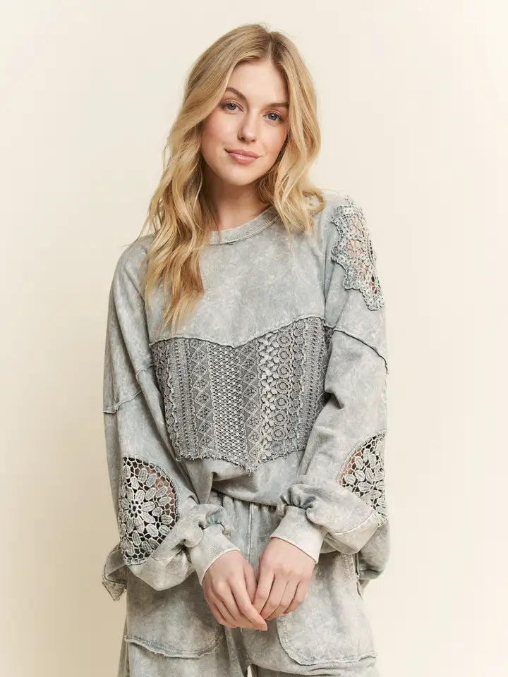 Mineral washed Lace Cut French Terry Top HT6240