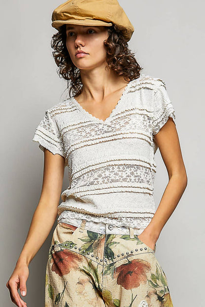 Feminine Lace V Neck Short Sleeve Top Trim Raw Edge