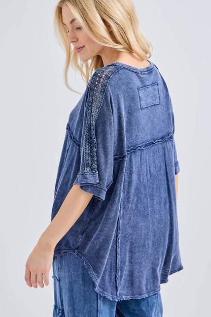 Mineral Washed Relaxed Fit Tee with Crochet Detail HT6312 Shirt