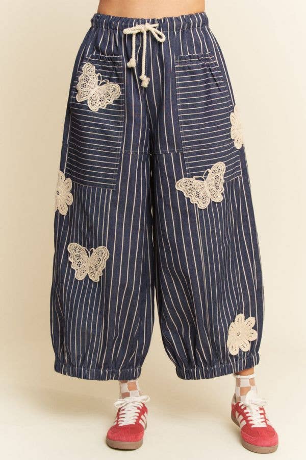 Crochet Applique Striped Barrel Pants