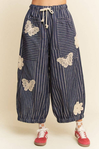Crochet Applique Striped Barrel Pants