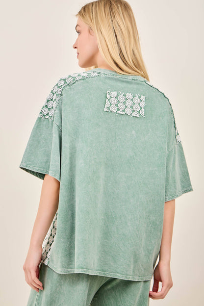 Mineral Washed Flower Daisy V-neck Shirt top HT6747