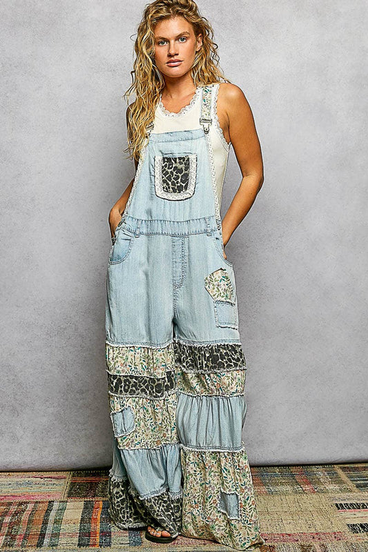 POL Printed Fabric Ruffle Wide Leg Overalls