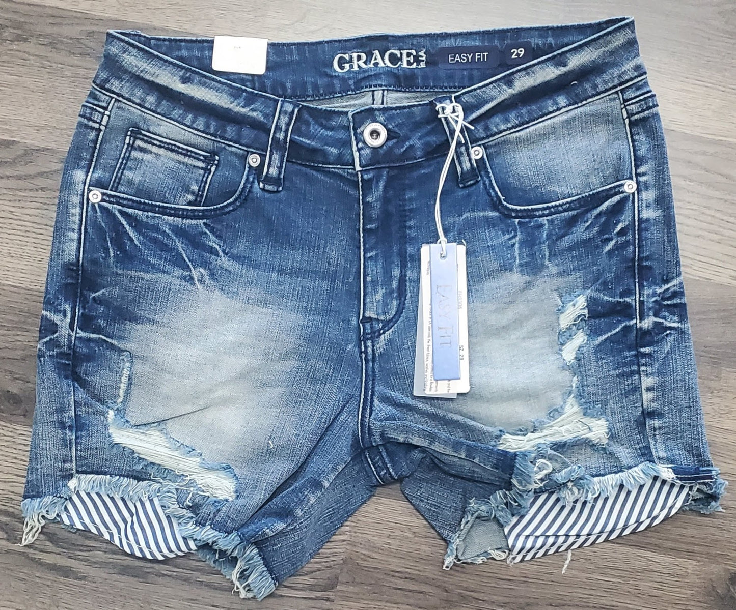 Printed Fabric Insert Distressed Missy Fit Shorts |EH-S306 Grace in LA