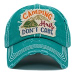 Vintage Distressed "Camping Hair Don't Care" Embroidered Patch Baseball Cap