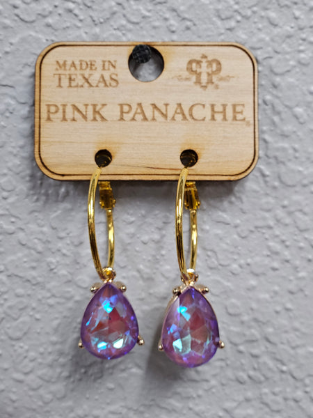 Small Light Pink rhinestone teardrop on gold hoop Earrings Pink Panache