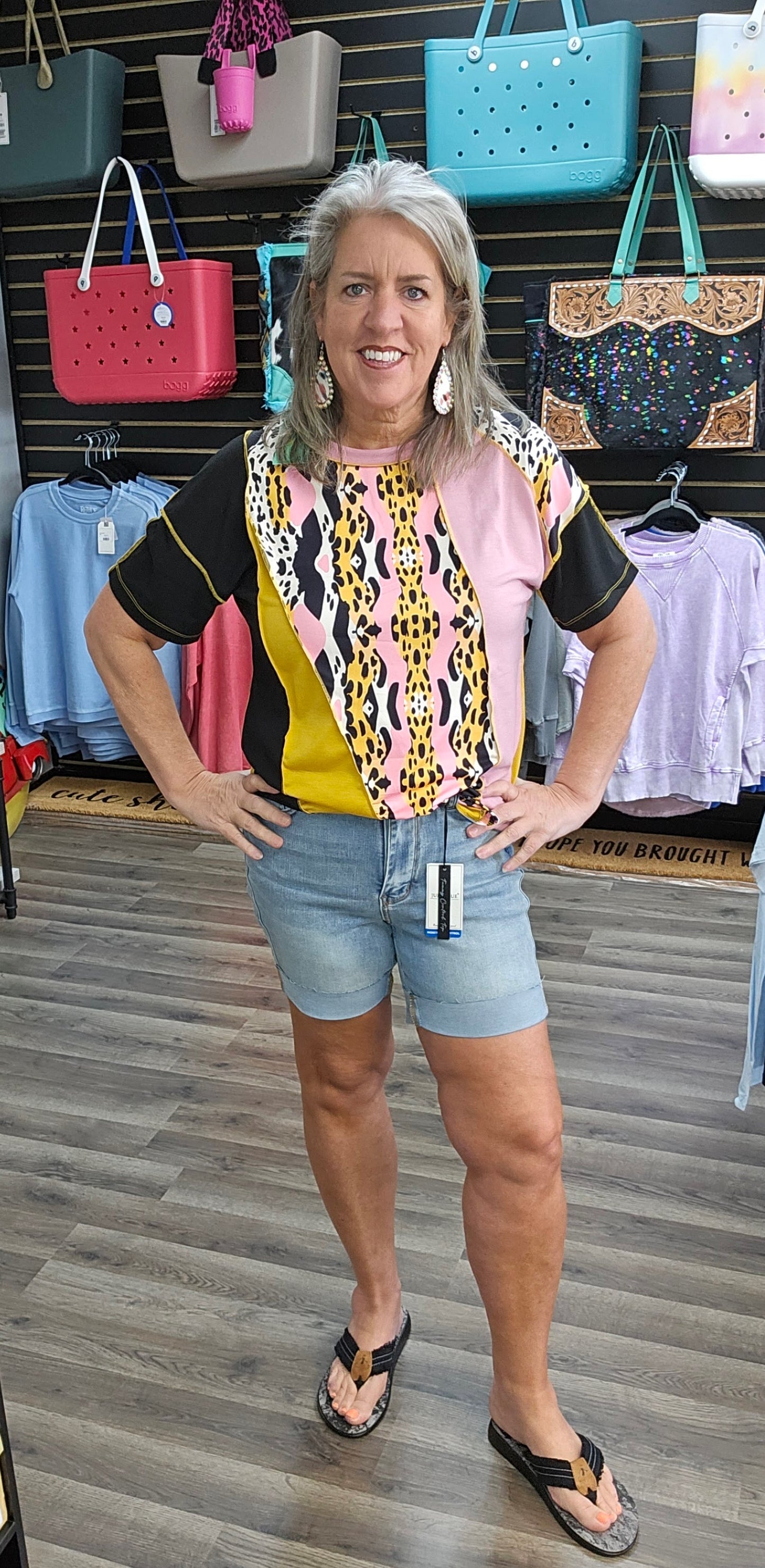 Color block & leopard Short Sleeve Top Shirt