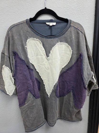 Washed Oversized Heart Quilted Shirt Top